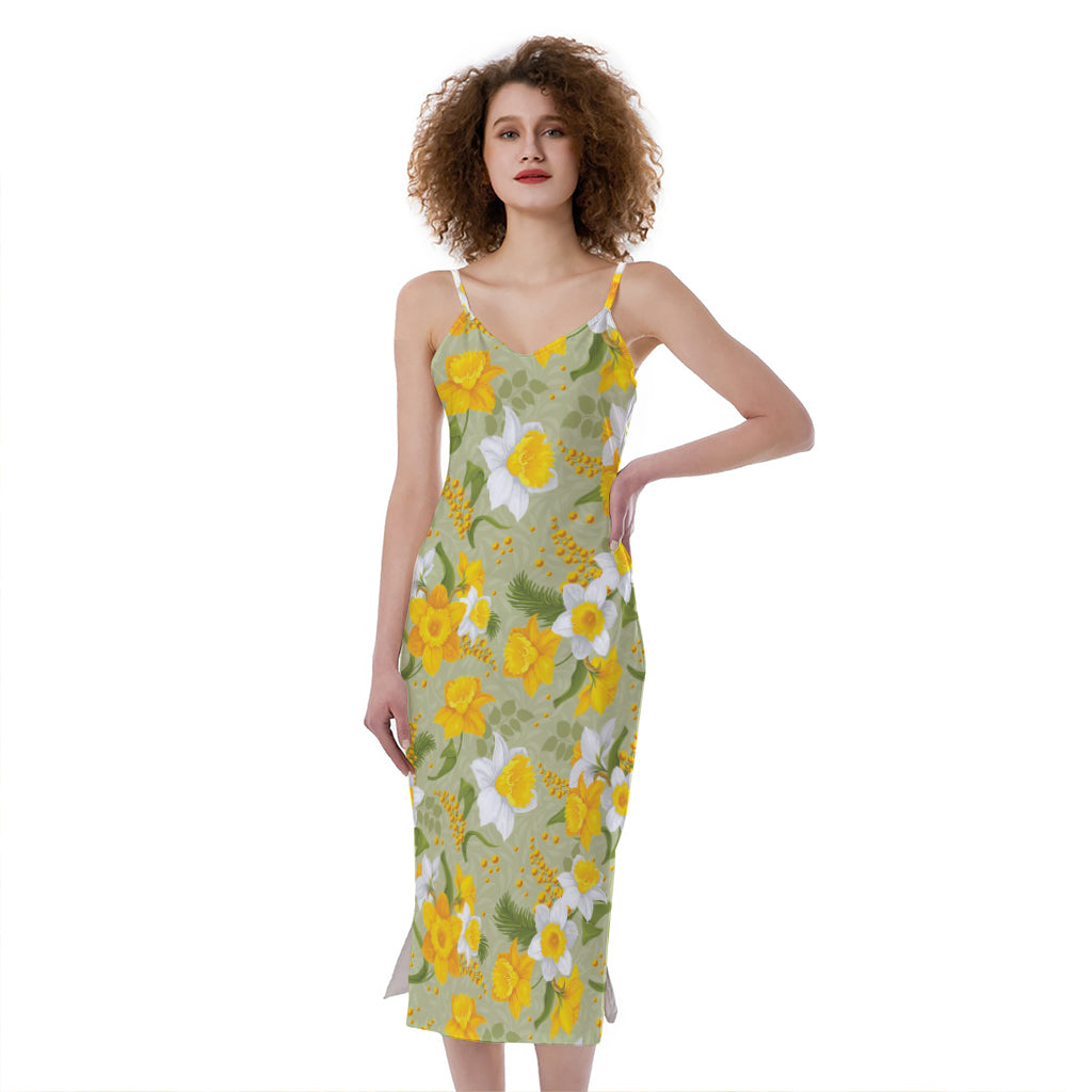 Vintage Daffodil Flower Pattern Print Slim Fit Midi Cami Dress