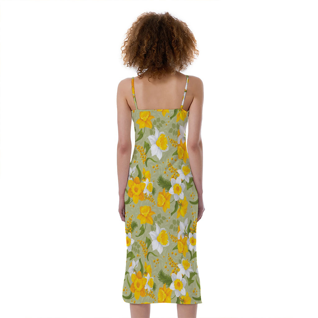 Vintage Daffodil Flower Pattern Print Slim Fit Midi Cami Dress