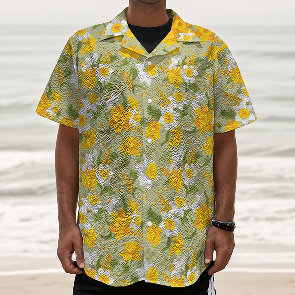 Vintage Daffodil Flower Pattern Print Textured Short Sleeve Shirt