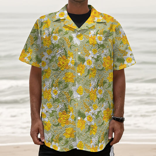 Vintage Daffodil Flower Pattern Print Textured Short Sleeve Shirt