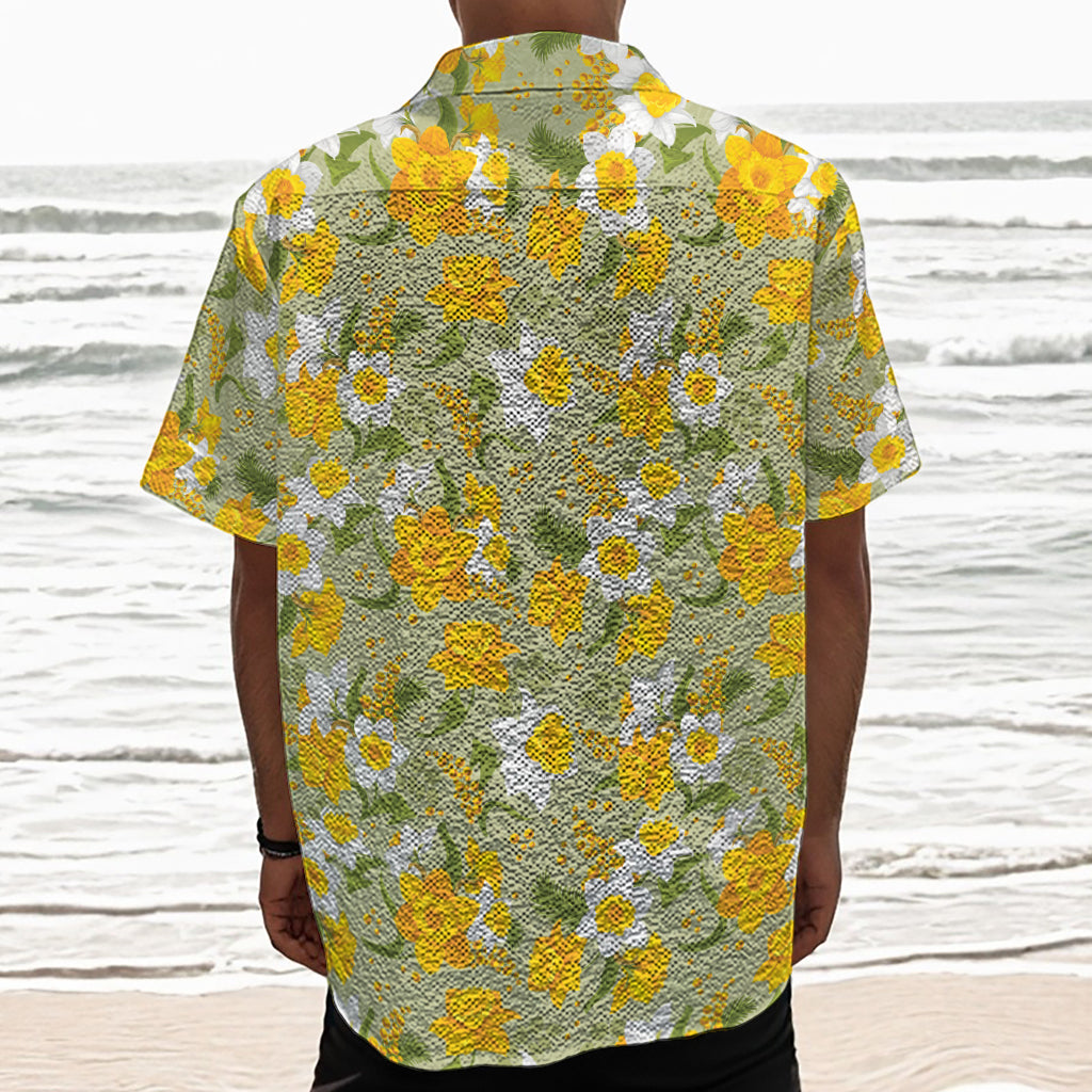 Vintage Daffodil Flower Pattern Print Textured Short Sleeve Shirt