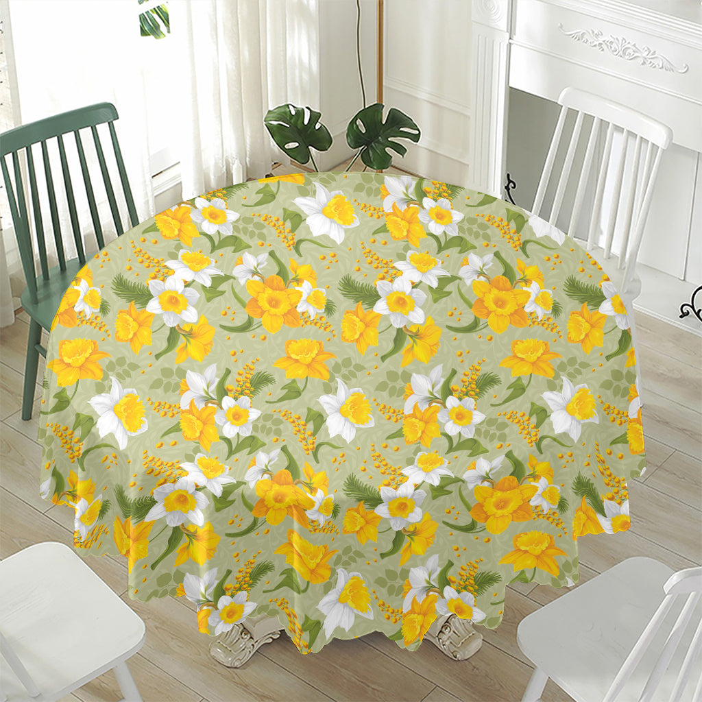 Vintage Daffodil Flower Pattern Print Waterproof Round Tablecloth
