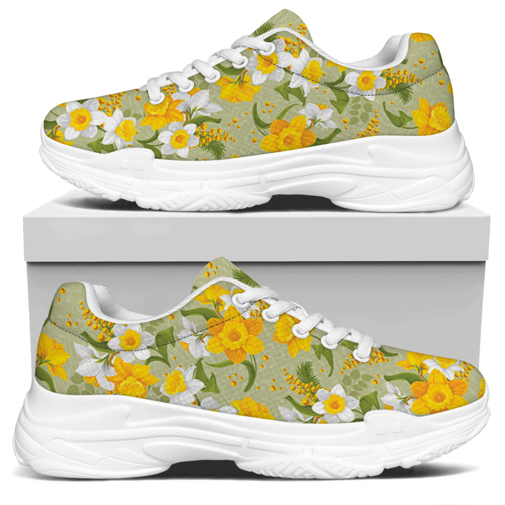 Vintage Daffodil Flower Pattern Print White Chunky Shoes