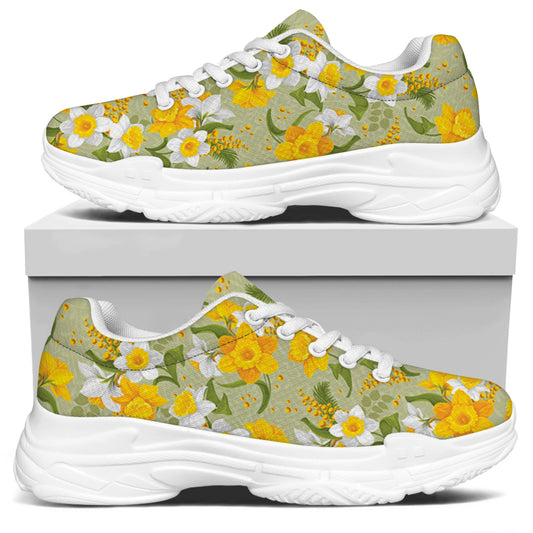 Vintage Daffodil Flower Pattern Print White Chunky Shoes
