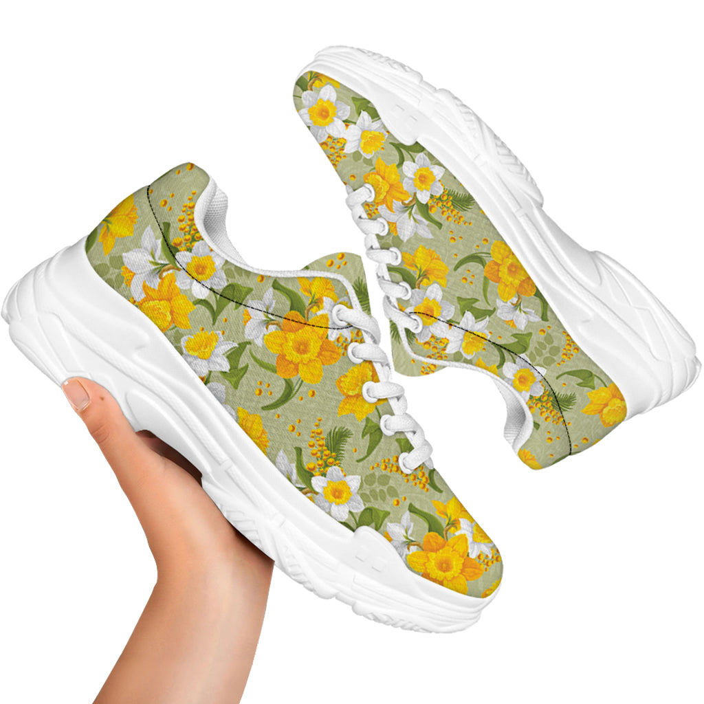 Vintage Daffodil Flower Pattern Print White Chunky Shoes