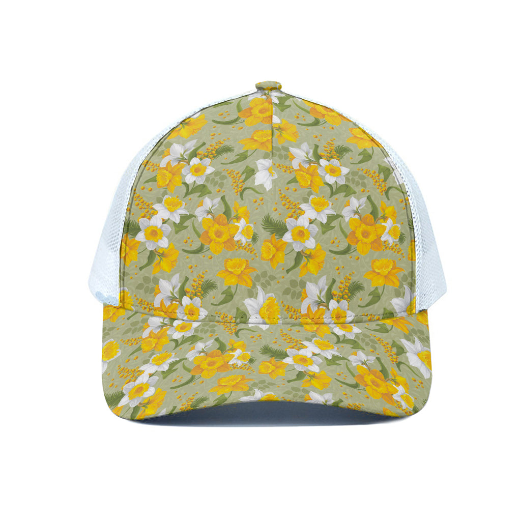 Vintage Daffodil Flower Pattern Print White Mesh Trucker Cap