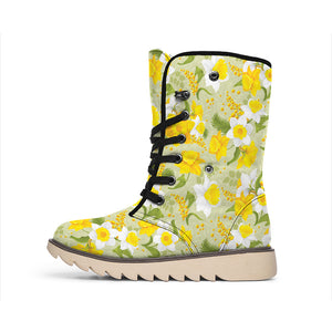 Vintage Daffodil Flower Pattern Print Winter Boots