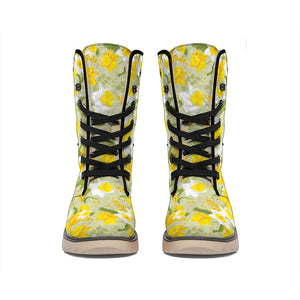 Vintage Daffodil Flower Pattern Print Winter Boots