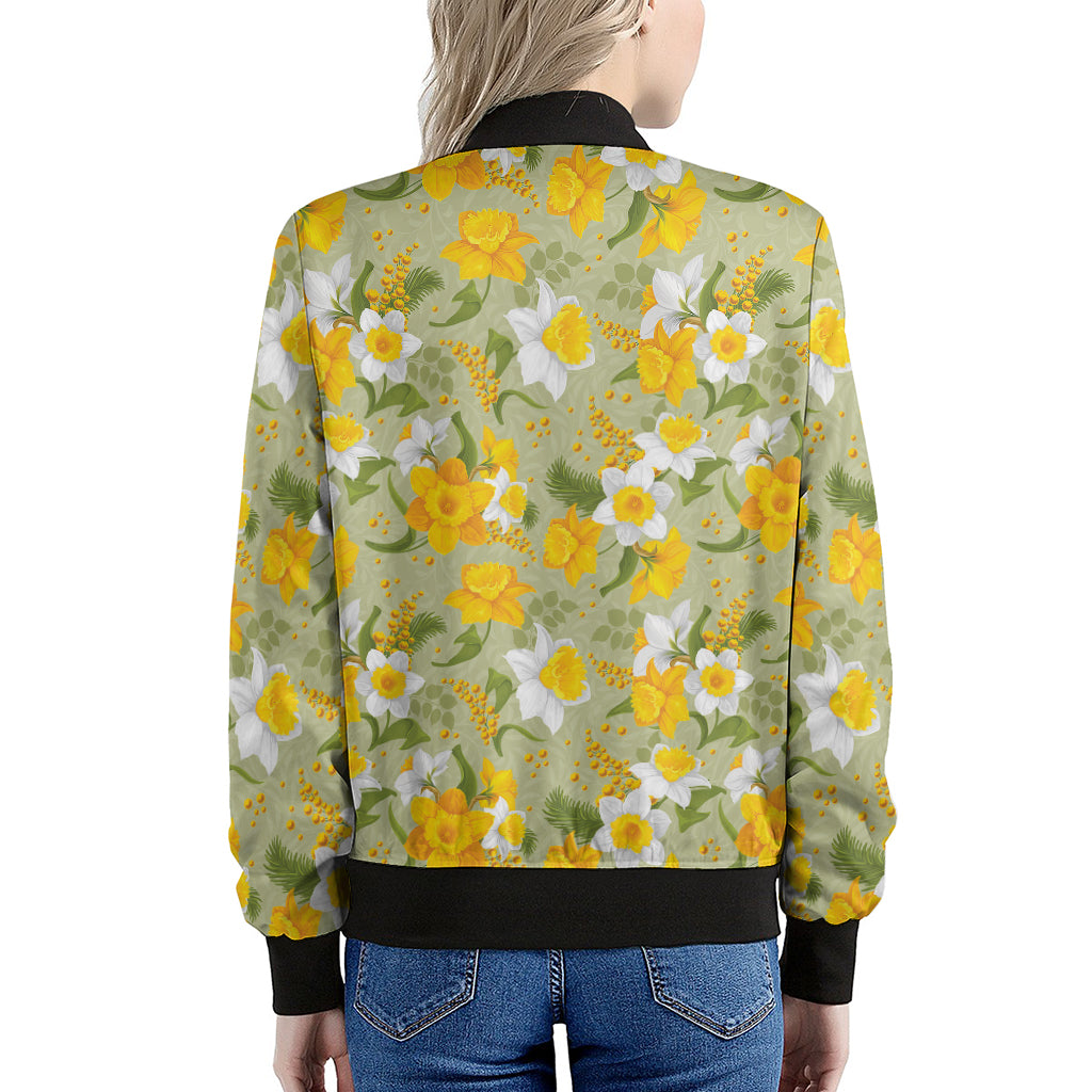 Vintage Daffodil Flower Pattern Print Women's Bomber Jacket