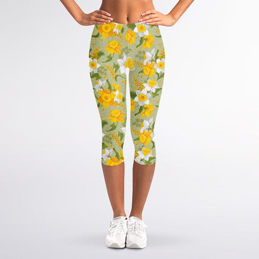 Vintage Daffodil Flower Pattern Print Women's Capri Leggings