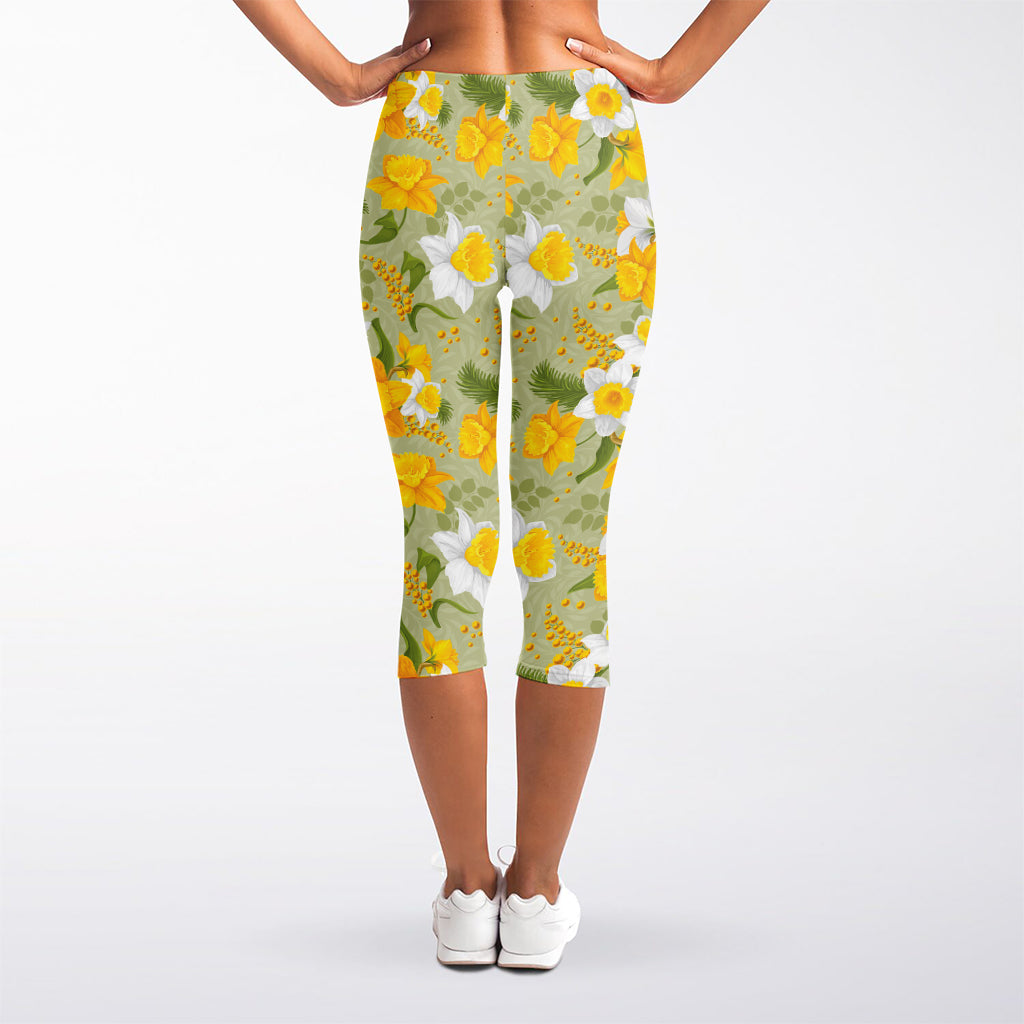 Vintage Daffodil Flower Pattern Print Women's Capri Leggings