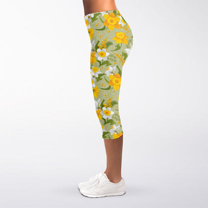 Vintage Daffodil Flower Pattern Print Women's Capri Leggings