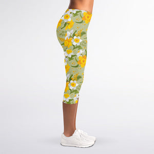 Vintage Daffodil Flower Pattern Print Women's Capri Leggings