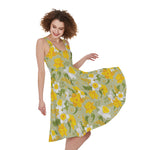 Vintage Daffodil Flower Pattern Print Women's Sleeveless Dress