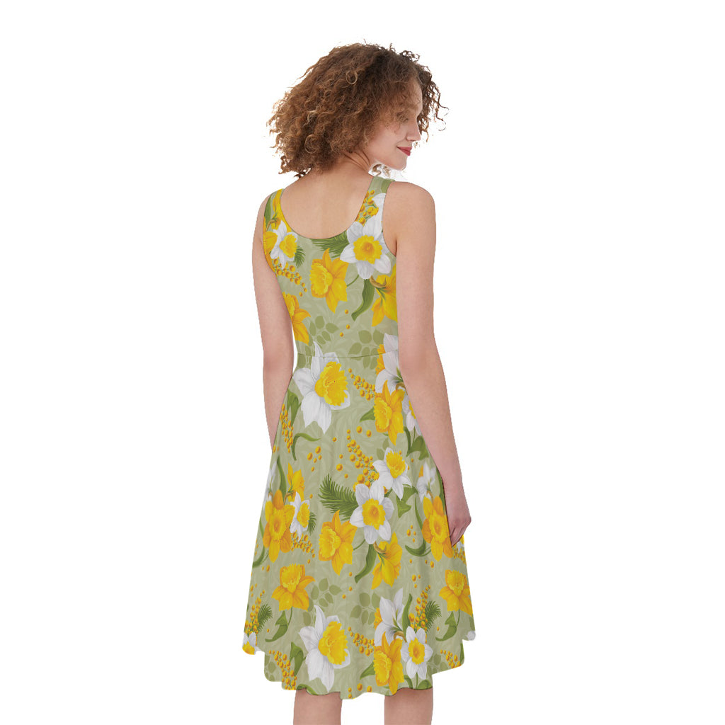 Vintage Daffodil Flower Pattern Print Women's Sleeveless Dress