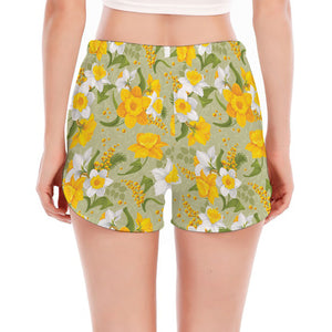 Vintage Daffodil Flower Pattern Print Women's Split Running Shorts