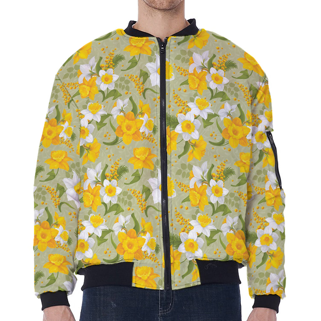 Vintage Daffodil Flower Pattern Print Zip Sleeve Bomber Jacket