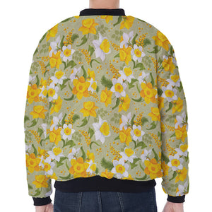 Vintage Daffodil Flower Pattern Print Zip Sleeve Bomber Jacket