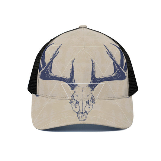 Vintage Deer Skull Print Black Mesh Trucker Cap
