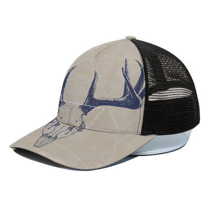 Vintage Deer Skull Print Black Mesh Trucker Cap
