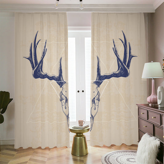 Vintage Deer Skull Print Blackout Pencil Pleat Curtains