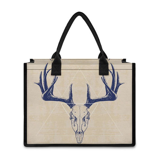 Vintage Deer Skull Print Canvas Tote Bag
