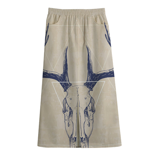 Vintage Deer Skull Print Cotton Front Slit Maxi Skirt