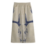 Vintage Deer Skull Print Cotton Front Slit Maxi Skirt