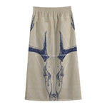 Vintage Deer Skull Print Cotton Front Slit Maxi Skirt