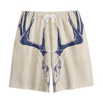 Vintage Deer Skull Print Cotton Shorts