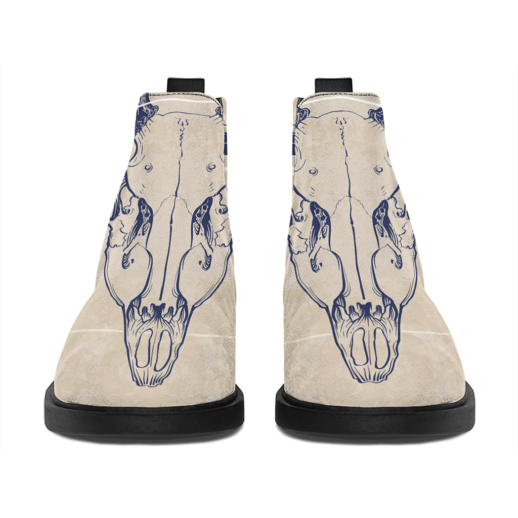 Vintage Deer Skull Print Flat Ankle Boots