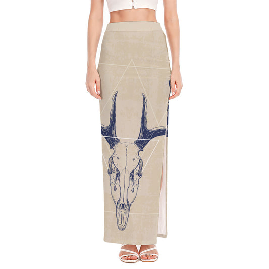 Vintage Deer Skull Print High Slit Maxi Skirt