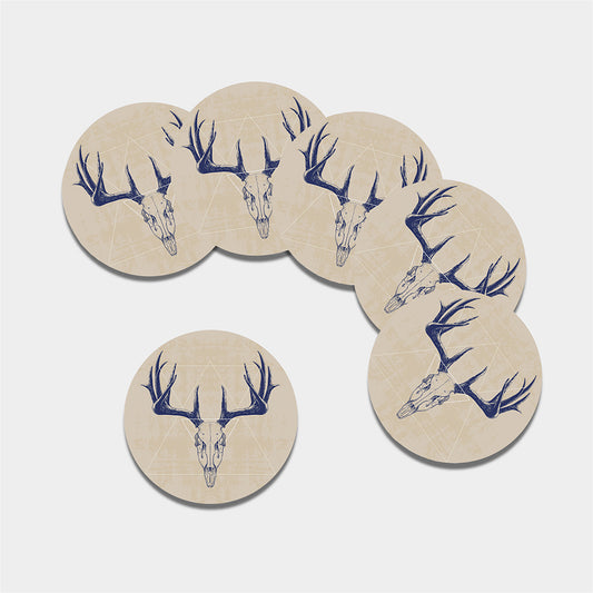 Vintage Deer Skull Print Leather Coaster Set