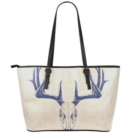 Vintage Deer Skull Print Leather Tote Bag