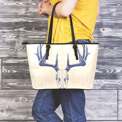 Vintage Deer Skull Print Leather Tote Bag