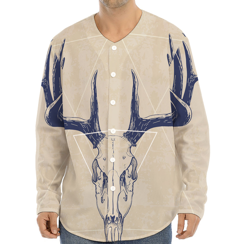 Vintage Deer Skull Print Long Sleeve Baseball Jersey