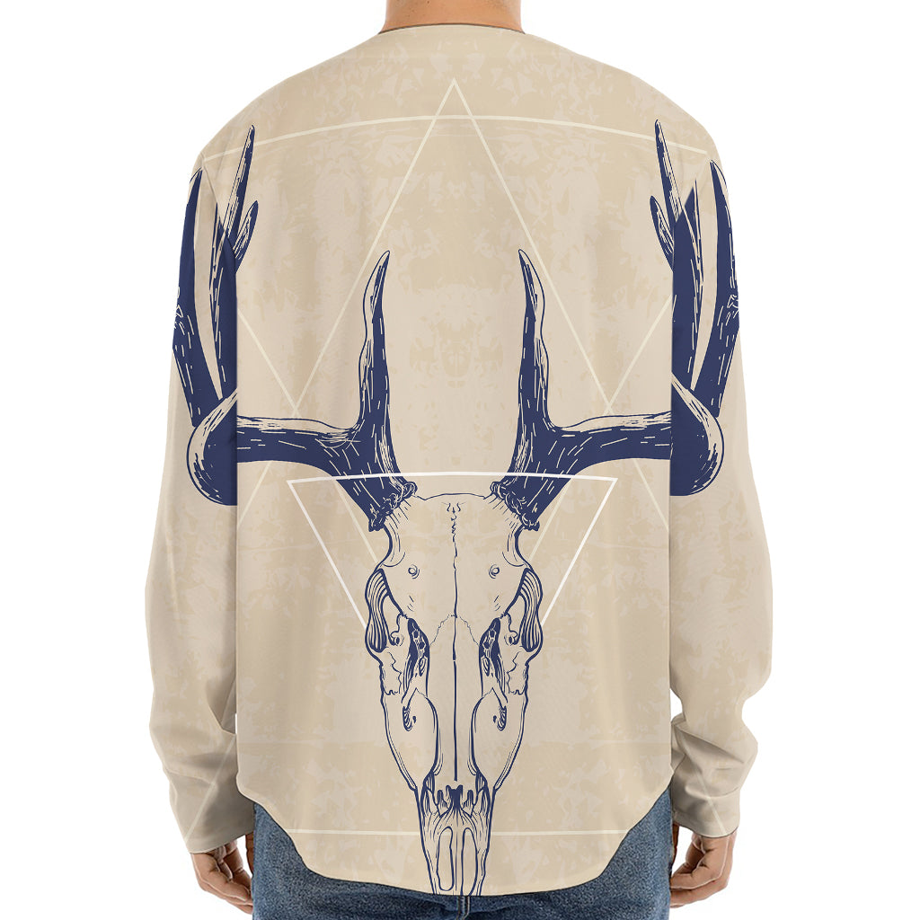 Vintage Deer Skull Print Long Sleeve Baseball Jersey