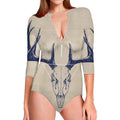 Vintage Deer Skull Print Long Sleeve Swimsuit