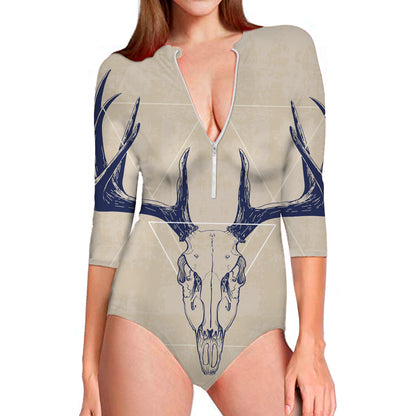 Vintage Deer Skull Print Long Sleeve Swimsuit