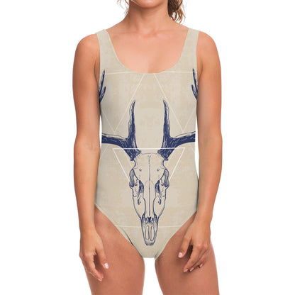 Vintage Deer Skull Print One Piece Swimsuit