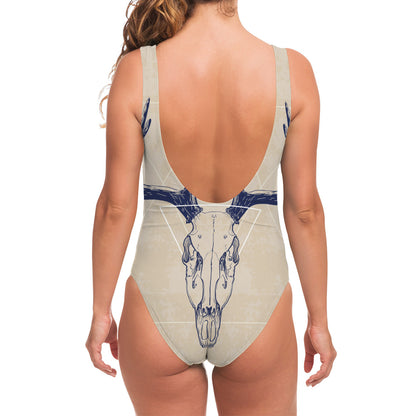 Vintage Deer Skull Print One Piece Swimsuit