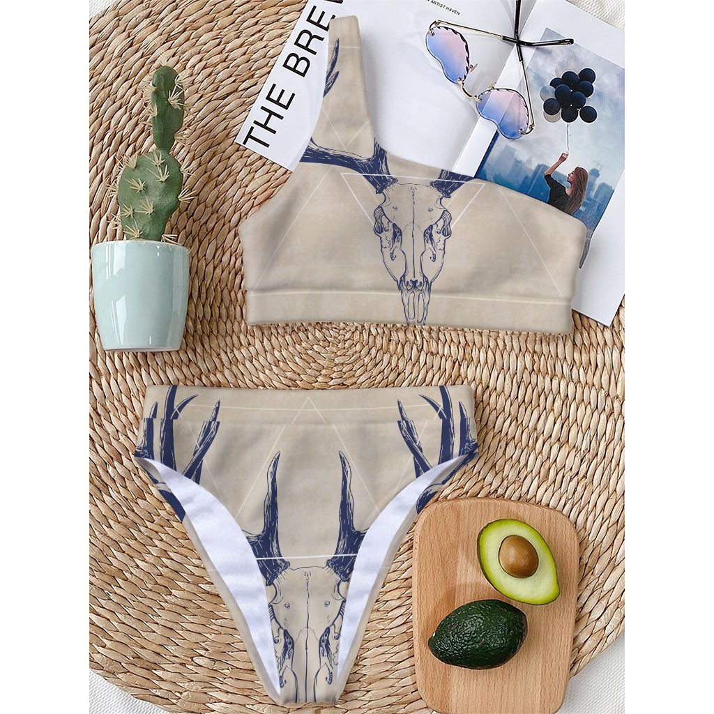 Vintage Deer Skull Print One Shoulder Bikini Top