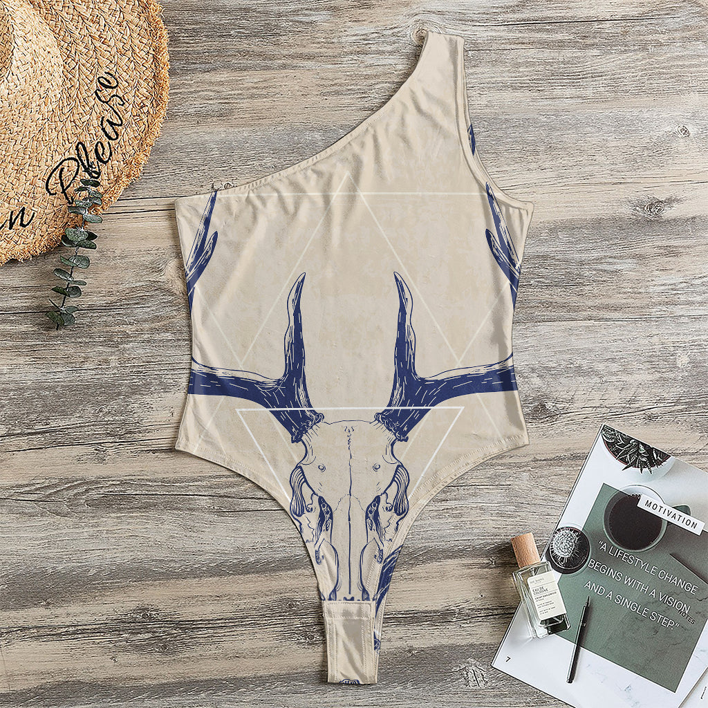 Vintage Deer Skull Print One Shoulder Bodysuit
