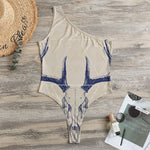 Vintage Deer Skull Print One Shoulder Bodysuit