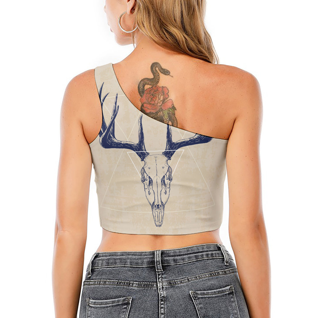 Vintage Deer Skull Print One Shoulder Crop Top