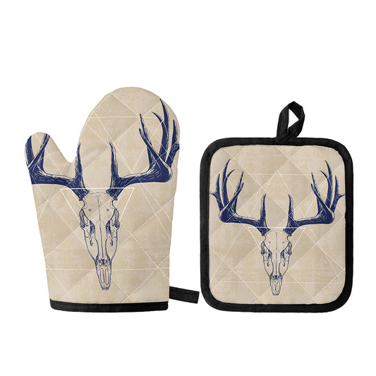Vintage Deer Skull Print Oven Mitt And Pot Holder Set