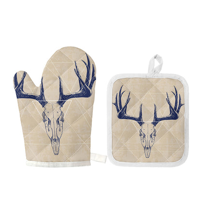 Vintage Deer Skull Print Oven Mitt And Pot Holder Set