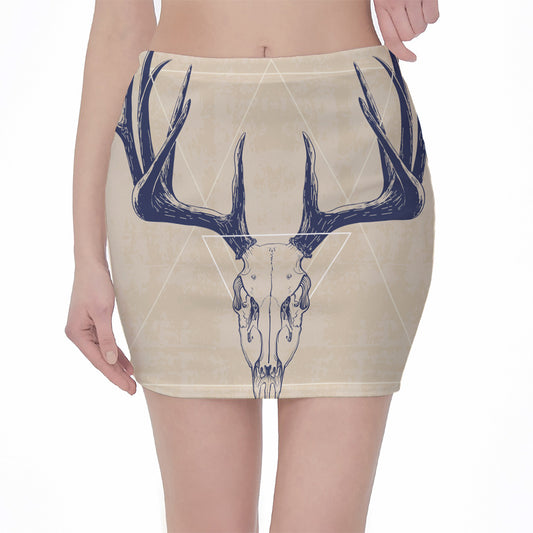 Vintage Deer Skull Print Pencil Mini Skirt