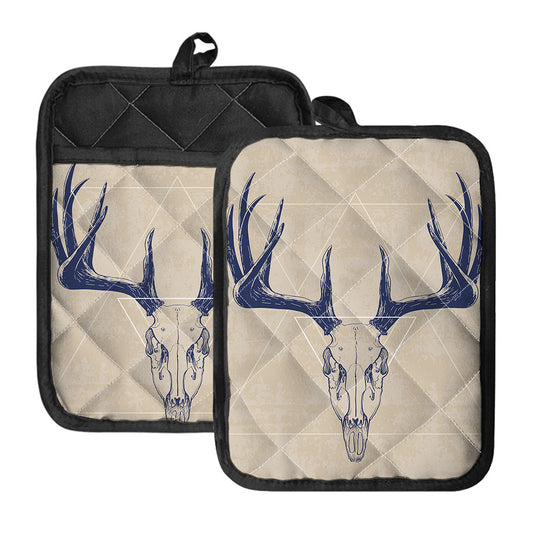 Vintage Deer Skull Print Pot Holders With Pocket