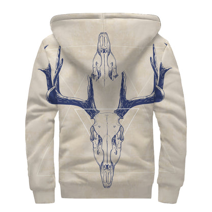 Vintage Deer Skull Print Sherpa Lined Zip Up Hoodie